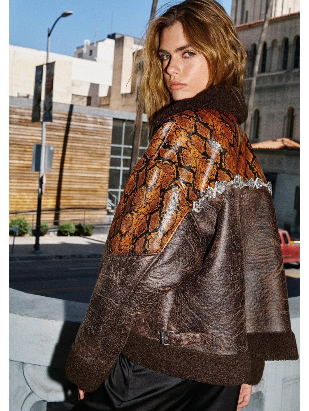 💥SHOWSTOPPER!💥 Snake Printed Leather Bomber Jacket w/ Crystal Rhinestone chain
